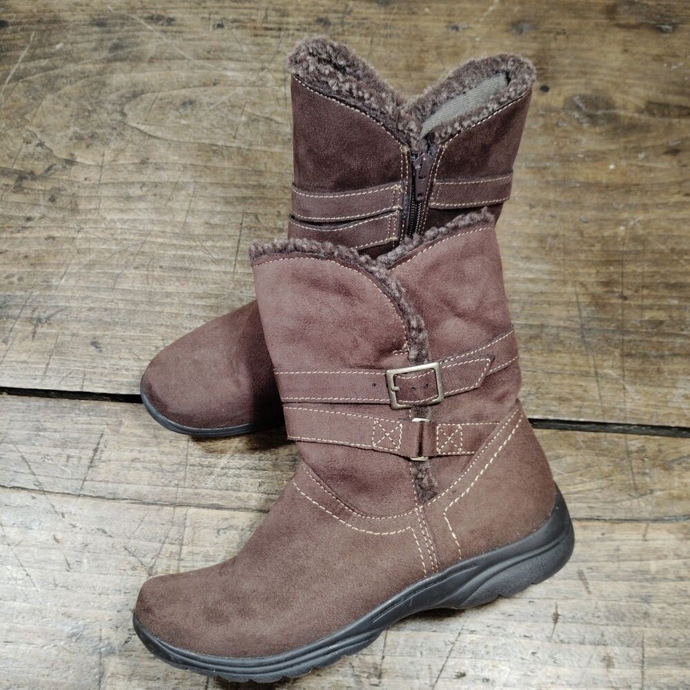 Earth Spirit Sz 7.5 Ankle Bootie Boot Brown Side Buckle Zip Faux Fur Shoes